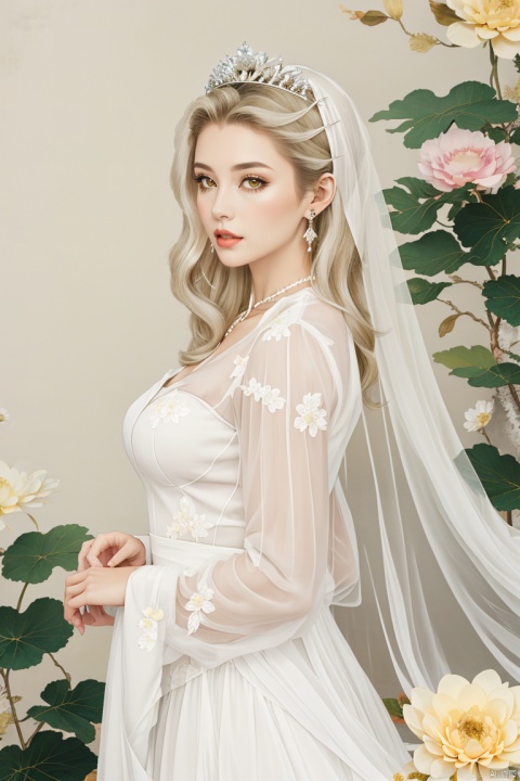 1girl, solo, long hair, looking at viewer, blonde hair, hair ornament, long sleeves, dress, brown eyes, jewelry, closed mouth, flower, white hair, earrings, white dress, from side, lips, animal, wavy hair, tiara, plant, veil, yellow flower, tiger, white tiger