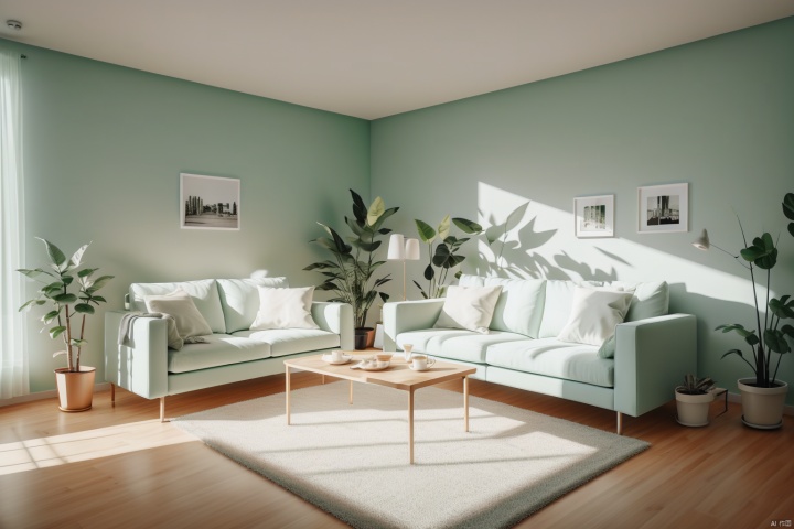  Interior design, couch, Potted plant, Coffee table, Light green wall, Ikea style, True light and shadow, UHD, high details, best quality, 4K,花