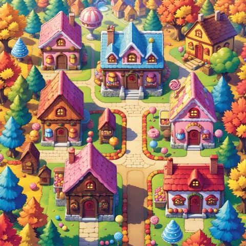 ((Masterpiece)), ((Best quality)), ((Official art,)), ((from top :1.4)), (House, Candy House :1.3), Chocolate, lollipops, candy, cookies, cakes, desserts, fairytale world, (Forest, woods, trees, grass :1.2), outdoor, daytime, (Color/candy color theme :1.2), Autumn, The harvest fruit