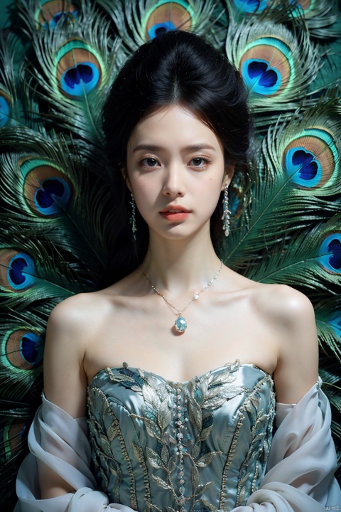  sdmai,Peacock style, 1girl, solo, jewelry, earrings, black hair, looking at viewer, straight-on, upper body, realistic, gem, bare shoulders,lips,