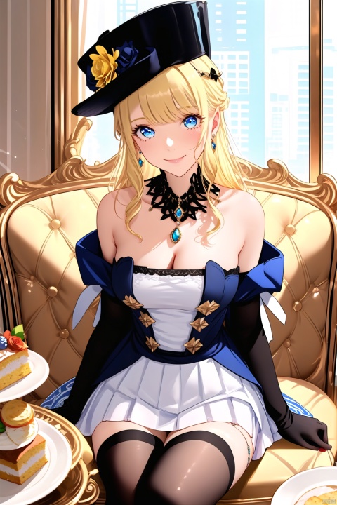  1girl, solo, long hair, breasts, looking at viewer, blush, smile, bangs, blue eyes, blonde hair, large breasts, thighhighs, gloves, hat, dress, cleavage, bare shoulders, jewelry, medium breasts, sitting, very long hair, closed mouth, flower, earrings, food, black gloves, elbow gloves, indoors, necklace, white dress, white thighhighs, zettai ryouiki, window, black headwear, strapless, rose, table, couch, strapless dress, plate, cake, hat flower, on couch