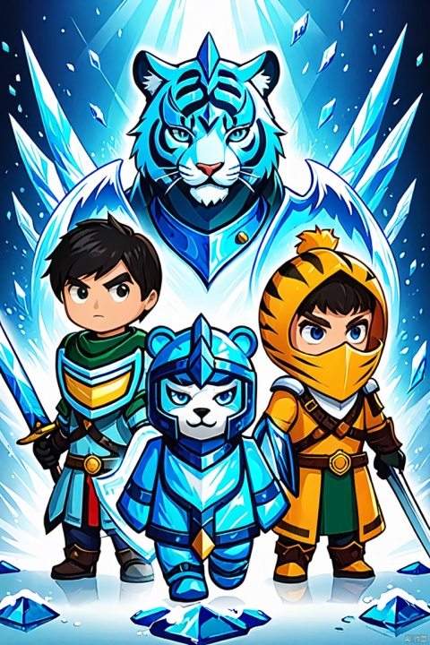  Masterpiece, Poster, Best Quality, poster, 2d game characters, Masterpiece, title, three game characters, Ice Element Tiger Knight, wmchahua