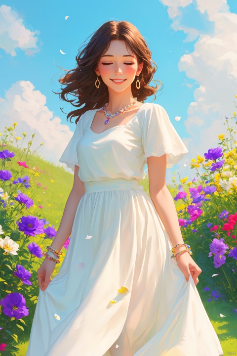 1girl, solo, long hair, smile, brown hair, dress, jewelry, closed mouth, standing, closed eyes, flower, short sleeves, earrings, outdoors, sky, day, cloud, necklace, white dress, bracelet, blue sky, petals, wind, skirt hold, purple flower