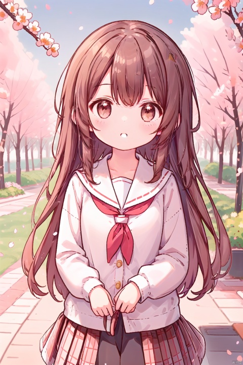  1girl, solo, long hair, looking at viewer, blush, open mouth, bangs, skirt, brown hair, shirt, long sleeves, brown eyes, school uniform, standing, upper body, flower, outdoors, parted lips, sky, serafuku, day, hand up, sailor collar, tree, blue sky, neckerchief, sleeves past wrists, petals, cardigan, blue sailor collar, cherry blossoms, red neckerchief, white cardigan, wmchahua, simple drawing