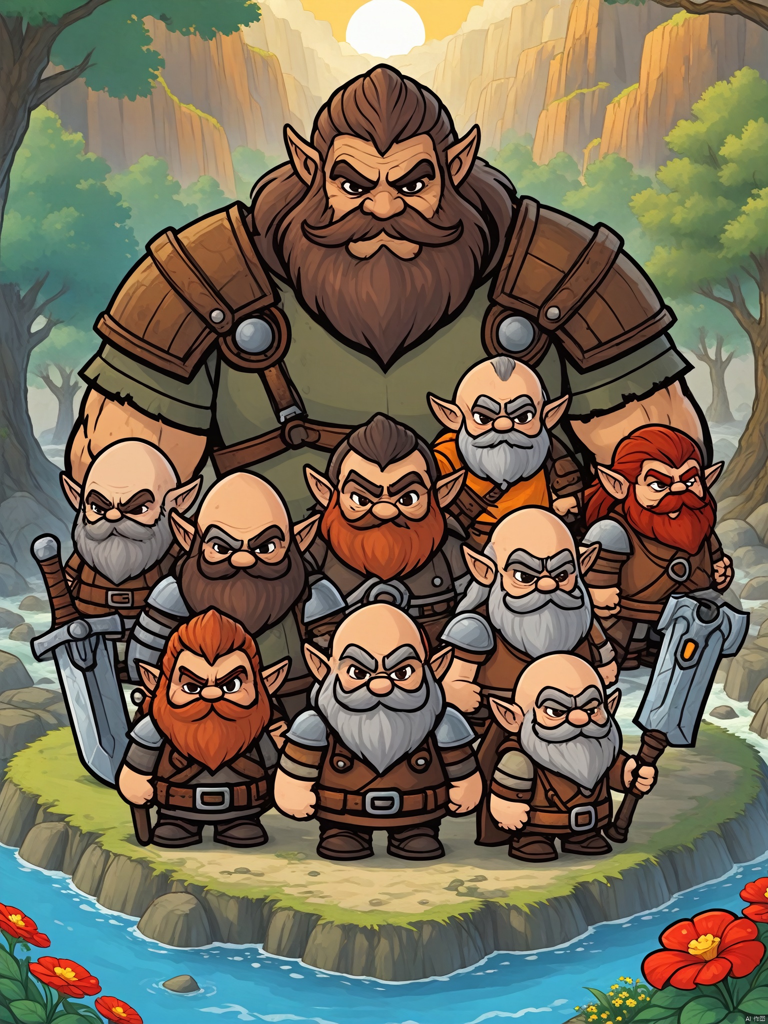  score_9, score_8_up, score_7_up, score_6_up, score_5_up, score_4_up score_9,score_8_up,Dwarves are a fictional character archetype that typically have short but robust bodies and are known for their incredible strength. Their skin color is usually gray or brown, and their hair is typically dark brown or auburn and short and stout. Dwarves' features are often rugged with prominent beards or goatees, which are considered indicative of their brawn and fighting prowess. They have dark-colored eyes and heightened vision due to their long periods of subterranean living.Dwarves typically wear heavy clothing and leather goods, which are made to be durable and protective during their mining and crafting processes. Their broad and powerful hands are highly regarded for their skilled craftsmanship, from building homes to the forging of weapons and armor.Generally, dwarves are known for their bravery and stubbornness. They value tradition, respect for the law, and family honor, which they take pride in. Overall, the dwarven archetype is widely used in culture to represent a variety of characters, including warriors, miners, craftsmen, and elites in various fields.The gentle sunshine and natural scenery under the sunlight: The sunshine is a source of vitality for life. It shines on all things in nature, makes all plants and trees full of vitality, and gives natural scenery a gentle and warm aesthetic.