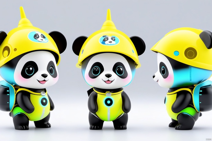 Front side back three views, a cute neon-clad futuristic mechanical panda,wearing a yellow mechanical hat, standing, lunar surface, galaxy background,tide play blind box, Chibi,Pixar, pastel, clean background, natural light, realistic lighting and shadinq,best image quality and hyperdetail, 3d, c4d, octane rendering, ray tracing., children