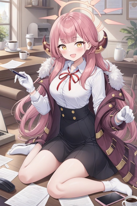 1girl, solo, long hair, breasts, looking at viewer, blush, smile, open mouth, bangs, skirt, shirt, gloves, long sleeves, ribbon, sitting, jacket, yellow eyes, white shirt, pink hair, :d, horns, collared shirt, indoors, white gloves, black skirt, red ribbon, cup, coat, fur trim, neck ribbon, halo, wariza, phone, high-waist skirt, paper, pen, shirt tucked in, coffee, aru \(blue archive\)