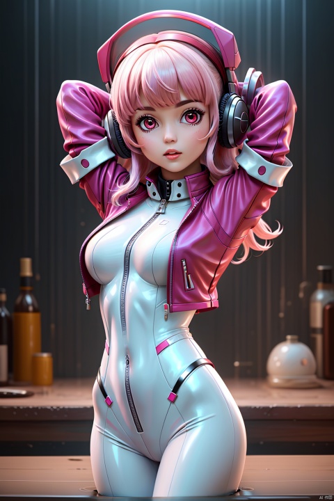  1girl, arms up, bangs, bodysuit, breasts, covered navel, cropped jacket, gloves, headphones, impossible bodysuit, jacket, large breasts, long hair, long sleeves, looking at viewer, lying, medium breasts, on back, parted lips, pink bodysuit, pink eyes, pink hair, puffy sleeves, red jacket, shrug \(clothing\), skin tight, solo, twintails,alice \(nikke\),(masterpiece:1.4),(best quality:1.4),(shiny skin),realistic, Electroplating paint