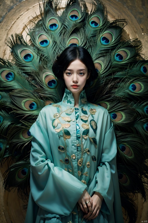  sdmai,Peacock style,1girl,solo,ring,black hair,jewelry,looking at viewer,dress,longsleeves,, sdmai,Peacock style, Real light and shadow