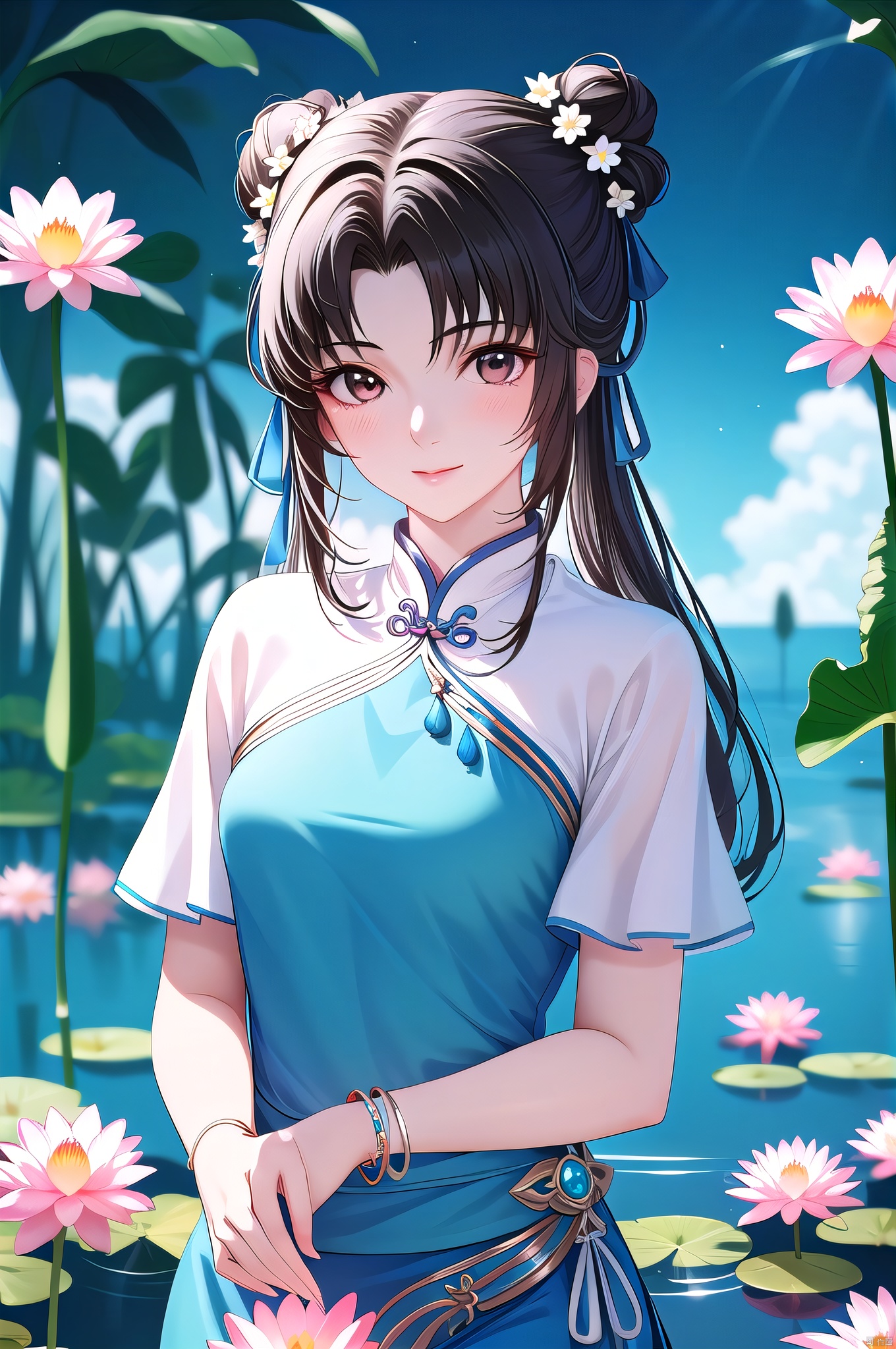  yuanshen, 1girl, lotus, water, lily pad, solo, moon, upper body, dress, jewelry, bracelet, hair bun, black hair, chinese clothes, double bun, flower, blue dress, long hair, night, brown hair, ribbon, partially submerged, nice hands, perfect balance, looking at viewer, closed mouth, (Light_Smile:0.3), official art, extremely detailed CG unity 8k wallpaper, perfect lighting, Colorful, Bright_Front_face_Lighting, White skin, (masterpiece:1), (best_quality:1), ultra high res, 4K, ultra-detailed, photography, 8K, HDR, highres, absurdres:1.2, Kodak portra 400, film grain, blurry background, bokeh:1.2, lens flare, (vibrant_color:1.2), professional photograph, (narrow_waist), masterpiece