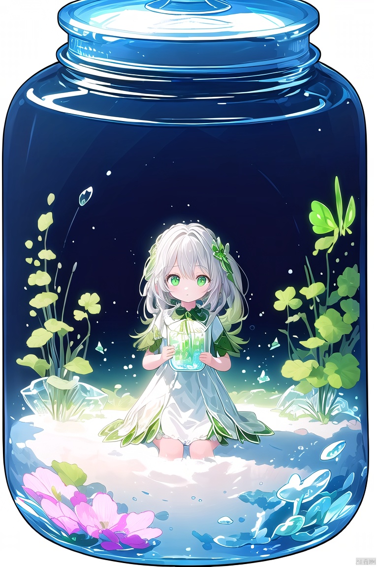  (masterpiece), (best quality),[(white background:1.45)::5], (transparent background:1.3), 1girl, clover theme, plant, ice, underwater, butterfly, (glass jar:1.15), (girl in jar:1.35),