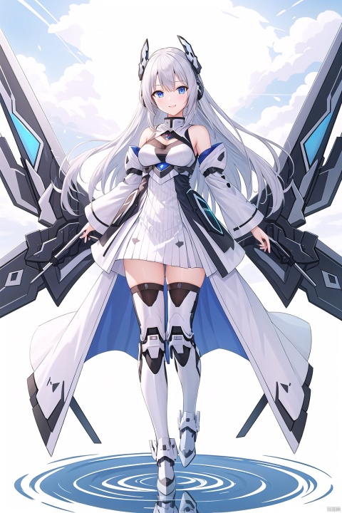  1girl, solo, long hair, breasts, looking at viewer, smile, bangs, blue eyes, thighhighs, dress, bare shoulders, medium breasts, full body, weapon, white hair, boots, outdoors, detached sleeves, wings, sky, day, sword, cloud, water, white dress, armor, zettai ryouiki, petals, floating hair, headgear, cloudy sky, floating, reflection, armored boots, mecha musume, mechanical wings