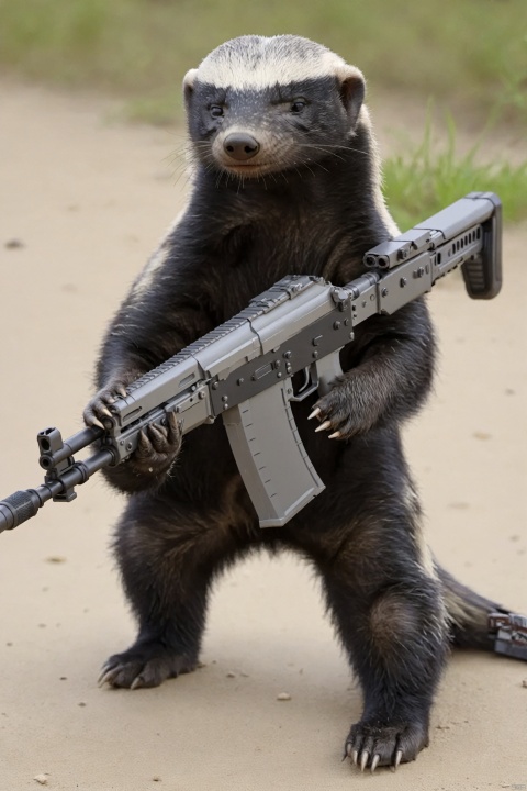  Masterpiece, best quality, ak, assault rifle, outdoors, a cute honey badger in a mech holding an assault rifle, 32k, perfect composition