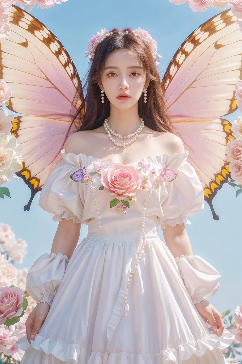  quality, 8K, extremely complex details, 1girl, lolita, careful eyes, looking_at_viewer, butterfly, gradient art, in the flower cluster, (rose:1.1), sky, (white cloud:0.9), full_shot, necklace, pearls andjewels, , 1girl, moyou, flowing skirts,Giant flowers,, Wide angle,hdr