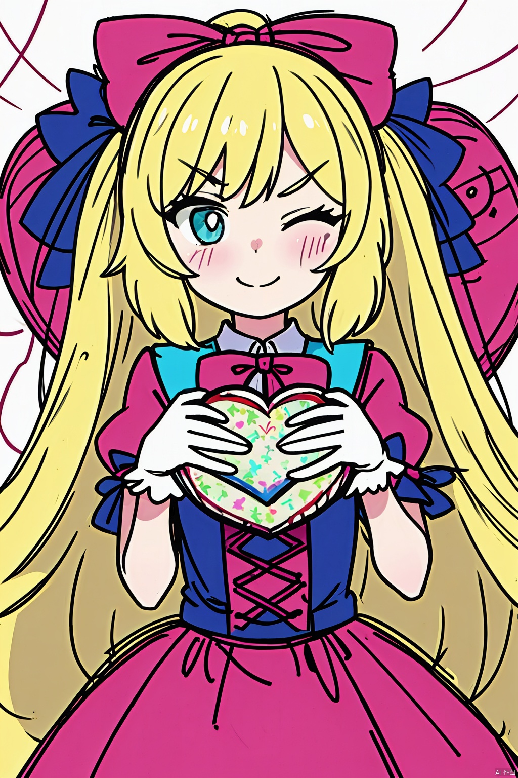  1girl, artist_name, balloon, bangs, blonde_hair, blush, bow, closed_mouth, dress, eyebrows_visible_through_hair, frills, gloves, heart, heart_balloon, heart_pillow, holding, long_hair, looking_at_viewer, one_eye_closed, pink_bow, simple_background, smile, solo, very_long_hair, white_background, masterpiece, Cluttered lines