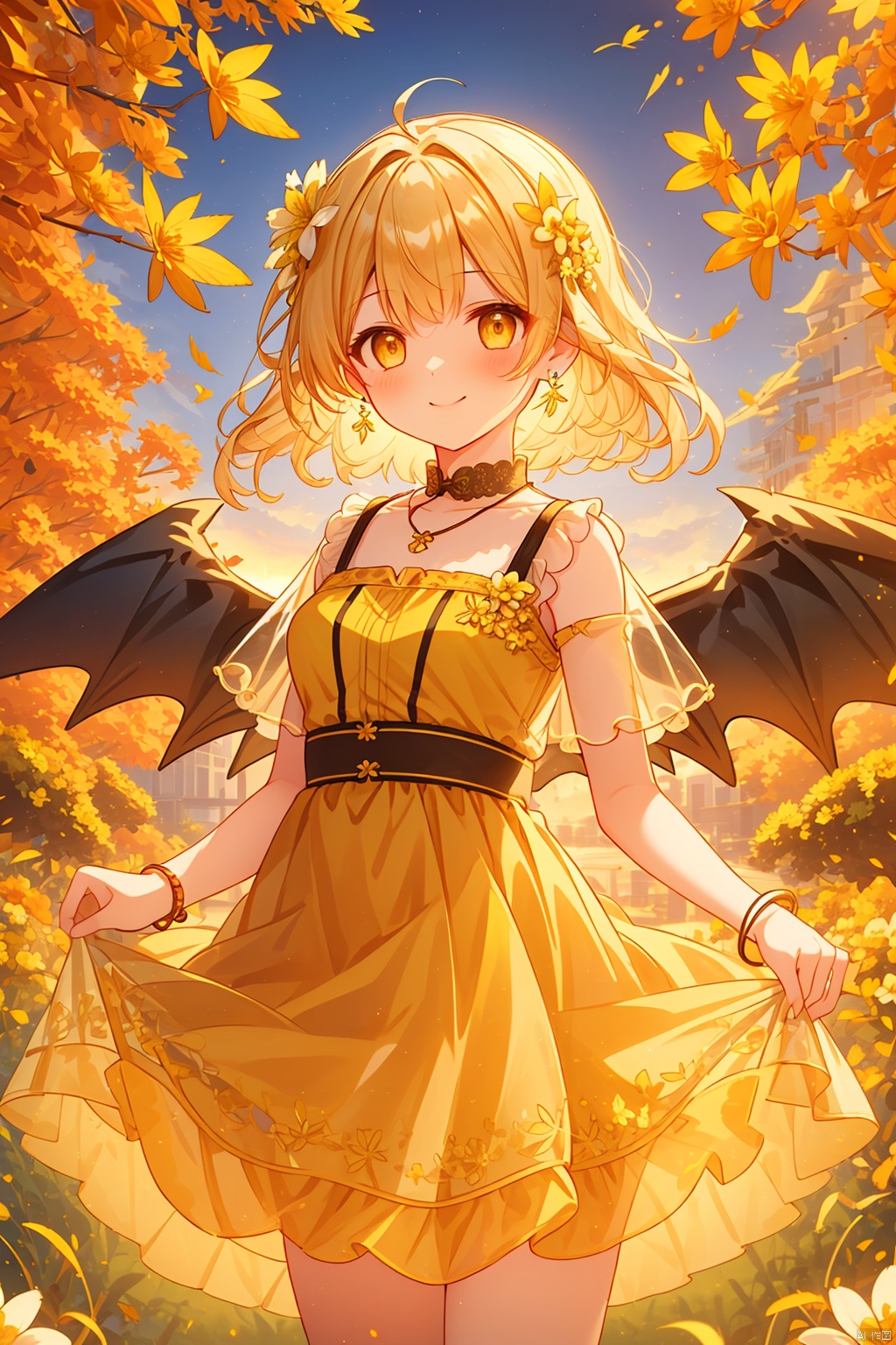  (wings:1.5),(grass:1.5),1girl, solo, breasts, looking at viewer, blush, smile, short hair, bangs, hair ornament, dress, jewelry, closed mouth, standing, yellow eyes, flower, earrings, outdoors, sky, sleeveless, day, hair flower, water, necklace, bracelet, tree, see-through, sleeveless dress, hair intakes, white flower, building, sunset, yellow flower, skirt hold, jack-o'-lantern, autumn leaves, yellow dress, orange dress, (\meng ze\), Light master, (\shen ming shao nv\), masterpiece