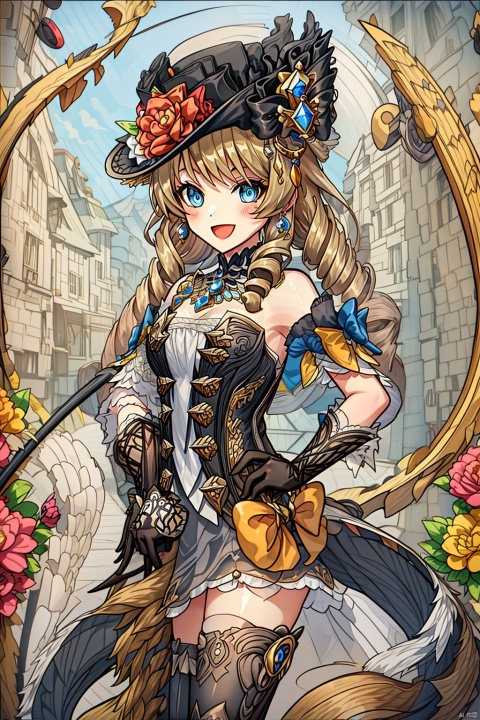 1girl, solo, long hair, breasts, looking at viewer, smile, open mouth, bangs, blue eyes, skirt, blonde hair, thighhighs, gloves, hat, dress, bow, holding, bare shoulders, jewelry, standing, flower, :d, earrings, small breasts, boots, detached sleeves, black gloves, elbow gloves, black thighhighs, zettai ryouiki, hand on hip, black headwear, strapless, rose, umbrella, thigh boots, drill hair, holding umbrella, hat flower, parasol, over shoulder, Cluttered lines, eastern dragon