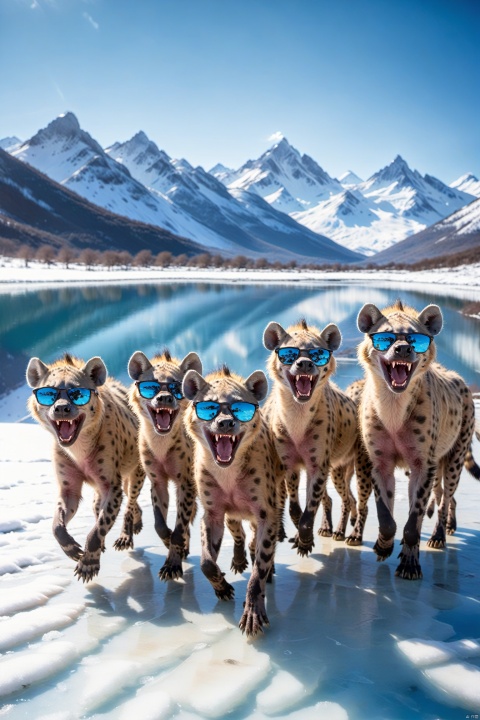 A pack of hyenas in stylish sunglasses, surprised, cute, laughing,  outdoors, sky, day, blue sky, no humans, scenery, snow, reflection, ice, mountain, motion blur, lake, frozen