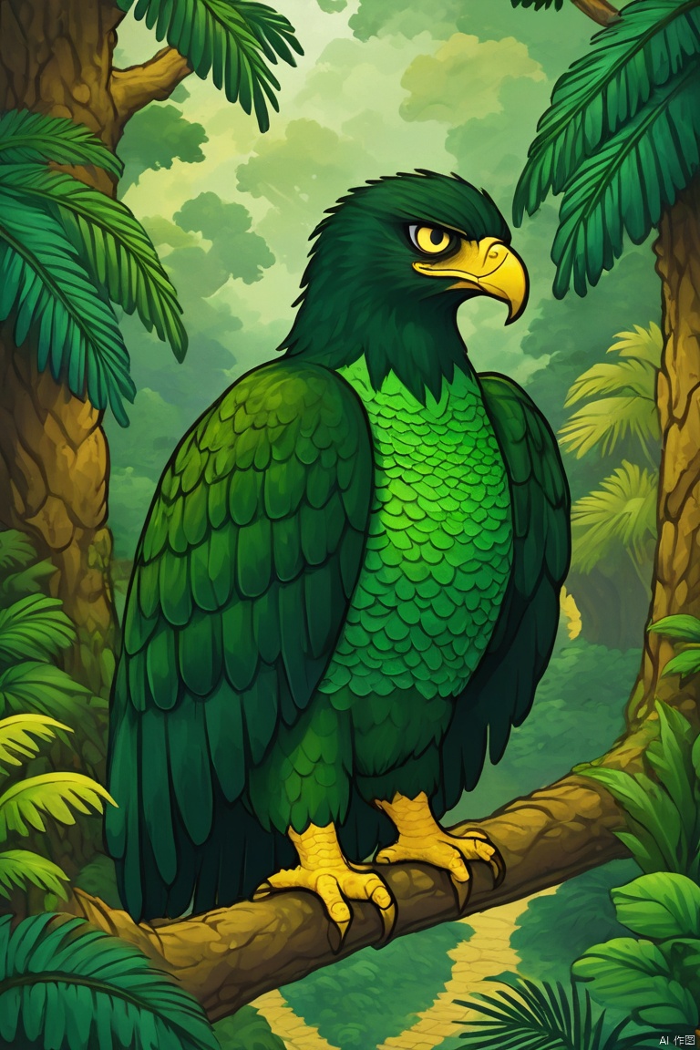  Emerald Serpent Eagle, A creature with the body of a serpent and the head and wings of an eagle. Its scales are a lush green, reminiscent of a dense, enchanted forest, and its eyes hold the wisdom of the ages., 2d game characters