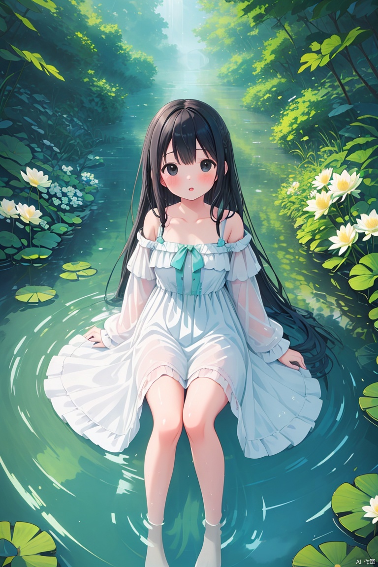  (masterpiece), (best quality), illustration, ultra detailed, hdr, Depth of field, (colorful), loli, 1girl, solo, dress, long hair, lily pad, flower, black hair, barefoot, water, white dress, looking at viewer, bare shoulders, bangs, blush, pink flower, off-shoulder dress, on back, lotus, lying, off shoulder, partially submerged, parted lips, bare legs, collarbone, outdoors, black eyes, breasts, aqua theme,