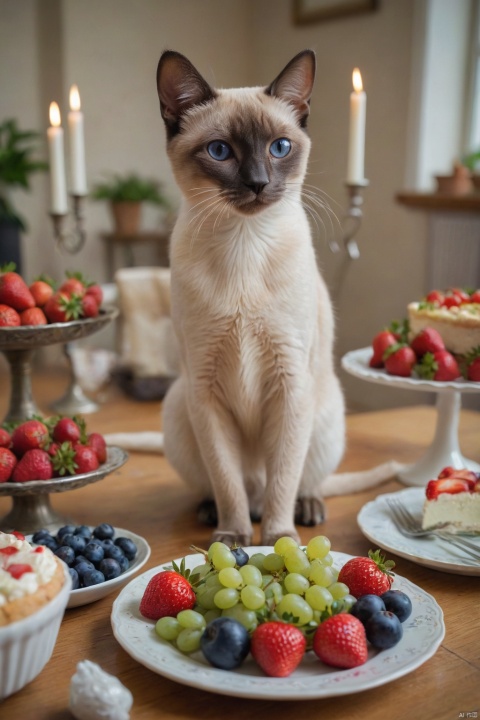  score_9, score_8_up, score_7_up, score_6_up, score_5_up, score_4_up,
Food, Indoor, Blur, no people, fruit, Depth of Field, animals, table, Siamese cat, plate, cake, Reality, strawberries, candles, Animal focus, grapes, Food focus, Blueberries