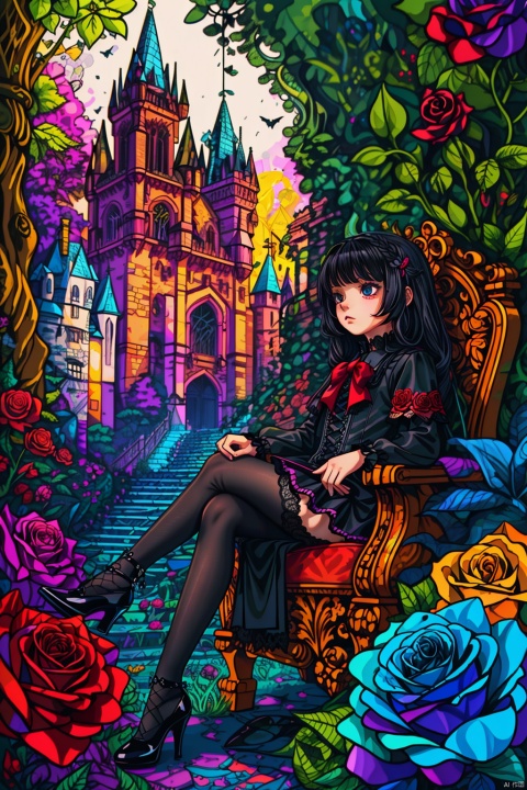  masterpiece, ((best quality)), (ultra-detailed), (illustration), an extremely delicate and beautiful girl, dynamic angle, chromatic aberration, ((colorful)),//,1girls,loli,(petite child:1.1),//,(in Gothic castle),girl with black hair,red eyes,Vertical pupil,long hair,hair arrangement,(Detailed face description),(batwing),(Gothic Lolita),(bat tail),alccandlestick,Cathedral glass,,short skirt,black pantyhose,red lace,high heels,rose tattoo,throne,sitting,crossedlegs,//,,
