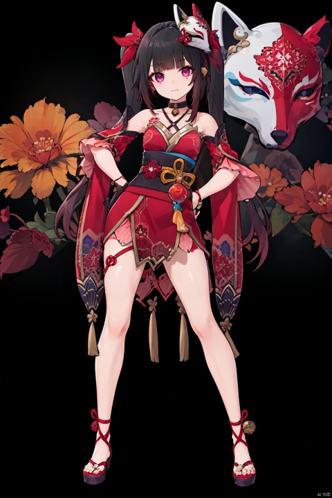  8k, best quality, masterpiece, (ultra-detailed:1.1), (high detailed skin),(full body:1.3), standing, looking at viewer, (solo:1.4), hand on hip, huahuo, 1girl, single_glove, mask on head, sash, black hair, twintails, purple eyes, obi, fox mask, single glove, japanese clothes, Cherry blossom tattoo, chest tattoo,(beautiful_face), ((intricate_detail)), clear face,((finely_detailed)), fine_fabric_emphasis,((glossy)), full_shot,
