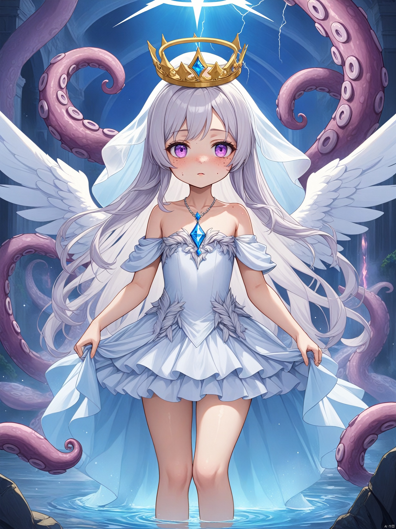 2d游戏角色Lori, petite, 1girl, dress, solo, white hair, princess, crown, halo, angel wings, tentacles, long hair, white and blue translucent crystal swan feather skirt, looking at the audience, crystal pendant, veil, face freckles, bare shoulders, heterochromatic eyes, mouth closed, standing, long dress, collarbone, angel, purple fire element, lightning, title, poster, masterpiece, best quality, high definition, 16k