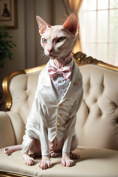 Sphynx cat, hairless cat, white tuxedo, bow tie, domestic interior, standing, warm lighting, soft-focus background, fabric sofa, picture frame, humorous, pet fashion, vertical orientation, pastel colors, calm expression, tail visible, clean composition, natural light, indoor setting, selective focus, elegant attire, animal anthropomorphism.,