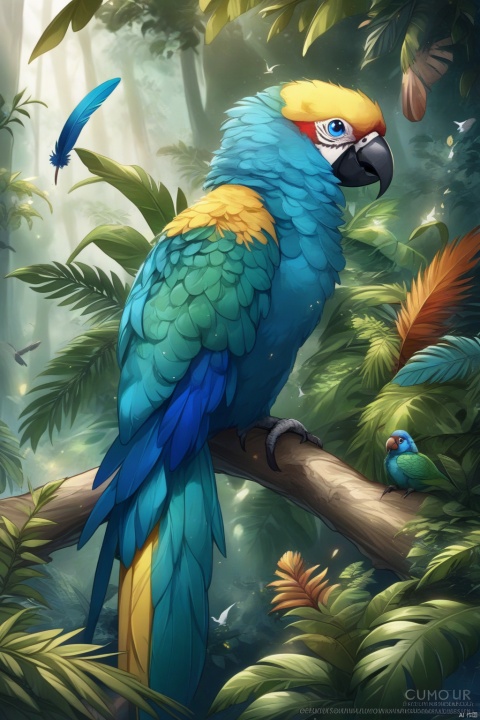  solo, blue eyes, no humans, bird, animal, leaf, watermark, feathers, plant, nature, forest, animal focus, beak, parrot