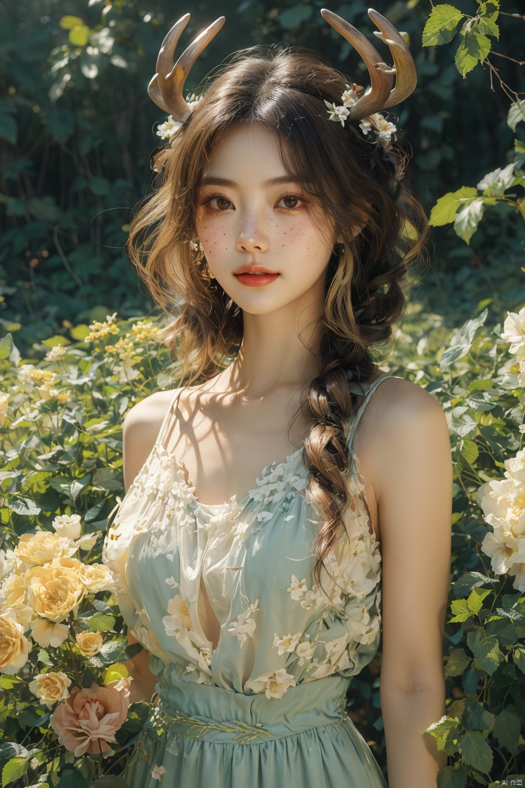  Vintage portrait, photography style, soft focus, pure face,Deer, girl, antlers, vine with leaves, Blonde hair, European and American advanced face, freckles, Detailed light and shadow, Wind, (Strong Sunshine),Two plaits, The forest,Front light source,
, Electroplating paint, Huge flowers, flowing skirts,Giant flowers, (/qingning/), myinv, mtianmei, babata