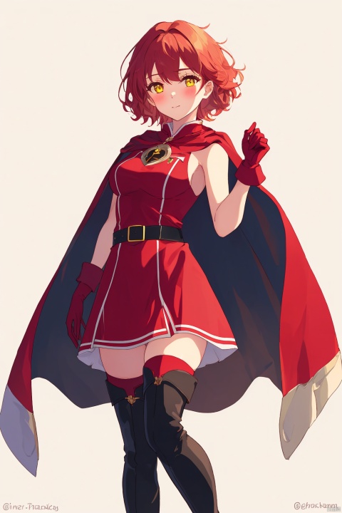 1girl, solo, breasts, looking at viewer, blush, short hair, simple background, thighhighs, gloves, dress, closed mouth, yellow eyes, red hair, boots, belt, twitter username, cape, sleeveless dress, thigh boots, short dress, red dress, red gloves