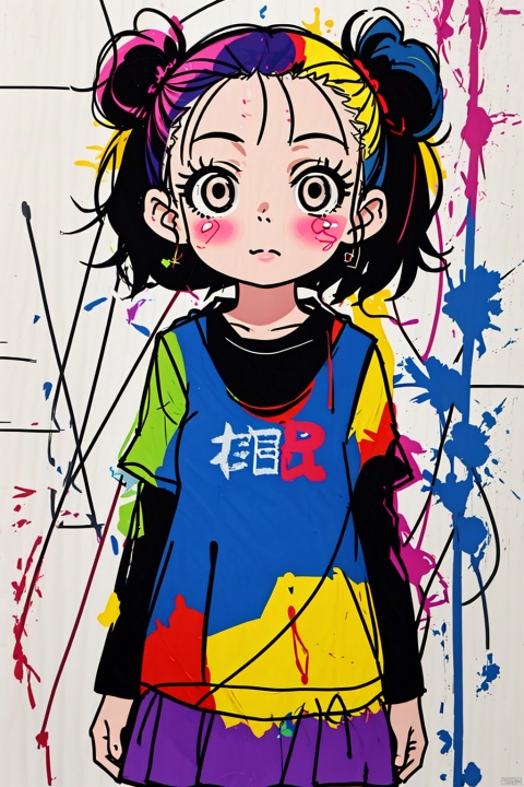  A girl,solo,cute,lines,rainbow colors,colored spray paint,colored inkdrops,, children, 1girl