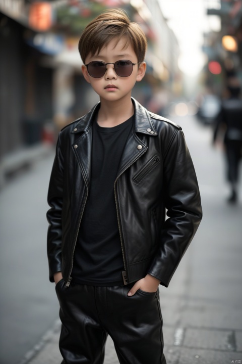  Photo, 10 year old child, single, looking at the audience, short hair, blonde hair, shirt, long sleeve, 1boy, Closed mouth, Standing, Jacket, Male Focus, Cowboy shot, Outdoor, pants, blur, Open Jacket, Black Jacket, black shirt, Depth of Field, Blur Background, Black pants, Sunglasses, Realistic, hands in pockets, leather, Bokeh, Leather jacket, Professional photography, real,