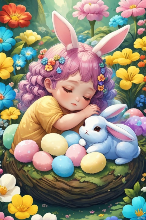 score_9, score_8_up, score_7_up, score_6_up, score_5_up, score_4_up, closeup adorable TINY colorful (bunny:1.3), tiny, curled_up, sleeping IN A FLOWER, chibi, flower nest, ethereal, soft, hyper detailed, realistic, iridescent scales, beautiful, COLORFUL