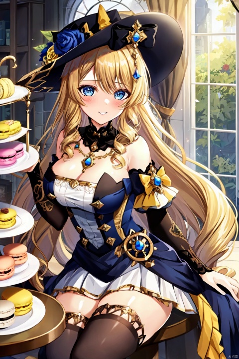 1girl, solo, long hair, breasts, looking at viewer, blush, bangs, blue eyes, blonde hair, large breasts, hair ornament, thighhighs, hat, dress, holding, cleavage, jewelry, sitting, flower, detached sleeves, food, black thighhighs, indoors, cup, book, black headwear, rose, drill hair, teacup, hat flower, macaron, tiered tray