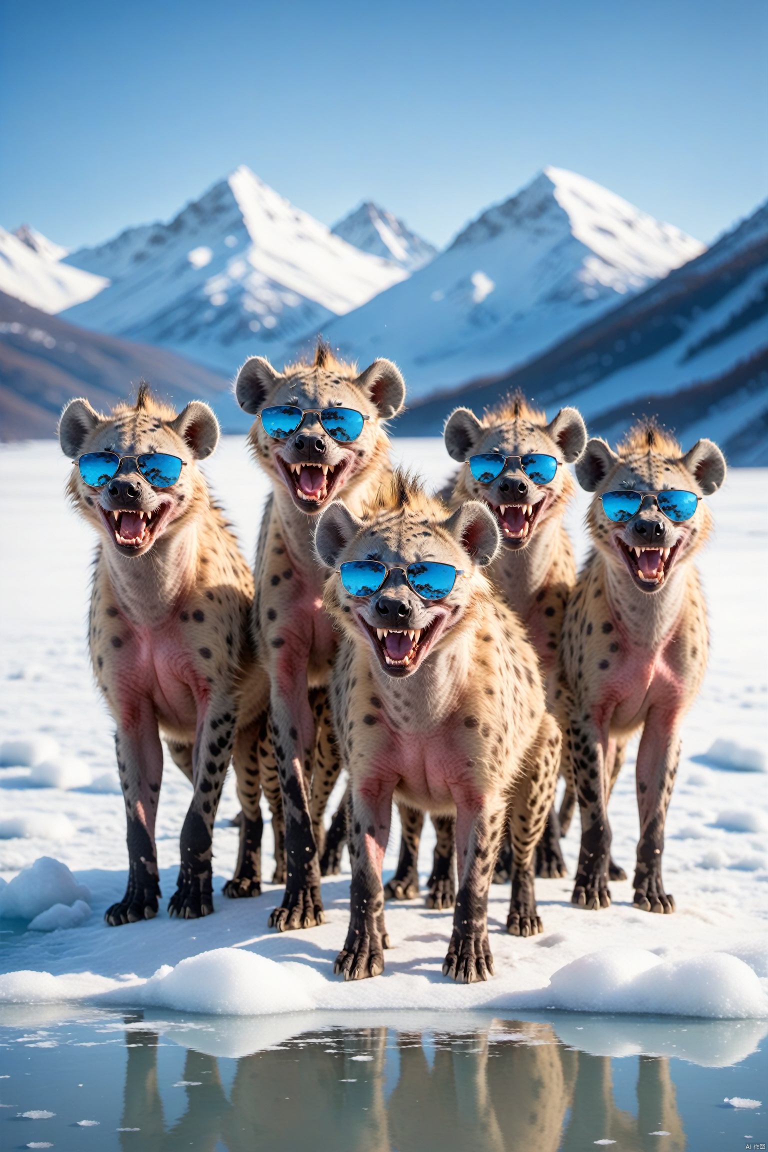  A pack of hyenas in stylish sunglasses, surprised, cute, laughing, outdoors, sky, day, blue sky, no humans, scenery, snow, reflection, ice, mountain, motion blur, lake, frozen