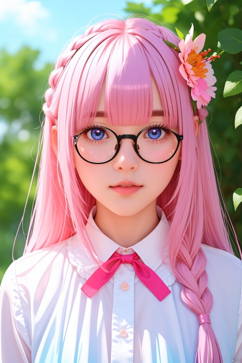  (masterpiece), (best quality), illustration, ultra detailed, hdr, Depth of field, (colorful),string of fate, multiple girls, 2girls, flower, string, blue eyes, looking at viewer, glasses, long hair, pink hair, black hair, short hair, red ribbon, purple eyes, bangs, ribbon, hair between eyes, butterfly, open mouth, bug, blue hair, pink flower, tears