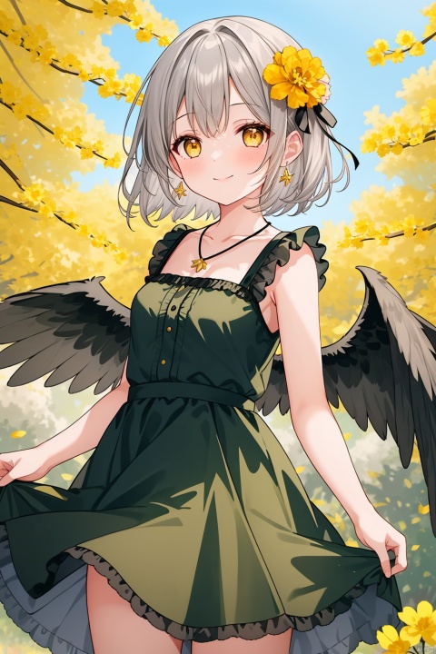 1girl, solo, breasts, looking at viewer, blush, smile, short hair, bangs, hair ornament, dress, hair between eyes, bare shoulders, brown eyes, jewelry, closed mouth, standing, collarbone, yellow eyes, flower, grey hair, cowboy shot, earrings, outdoors, frills, wings, sleeveless, day, hair flower, necklace, bracelet, tree, black ribbon, sleeveless dress, leaf, frilled dress, feathered wings, green dress, yellow flower, skirt hold, white wings, autumn leaves, autumn, falling leaves, orange flower