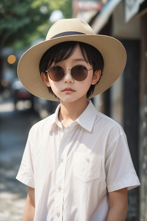  solo, looking at viewer, shirt, black hair, 1boy, hat, white shirt, upper body, short sleeves, male focus, outdoors, day, blurry, plaid, blurry background, sunglasses, realistic, plaid shirt, 1girl
