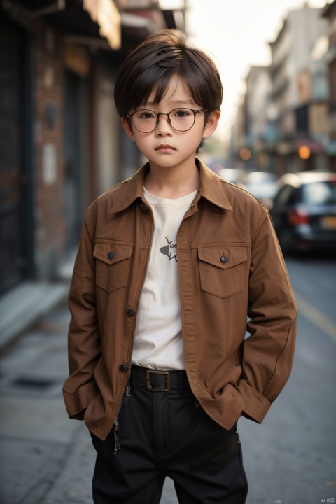  Real,photo,10-year-oldchild,solo, looking at viewer, brown hair, shirt, black hair, long sleeves, 1boy, standing, jacket, male focus, cowboy shot, outdoors, open clothes, glasses, day, pants, blurry, blurry background, black pants, building, hand in pocket, brown jacket, realistic