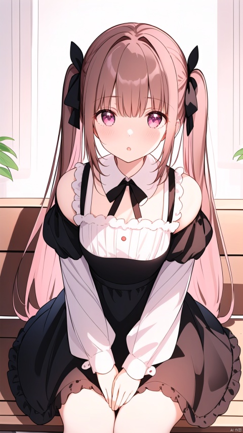 1girl, solo, long hair, looking at viewer, blush, bangs, brown hair, long sleeves, dress, bow, ribbon, holding, bare shoulders, twintails, brown eyes, sitting, very long hair, purple eyes, hair ribbon, flower, hair bow, frills, parted lips, puffy sleeves, off shoulder, white dress, see-through, hands up, black ribbon, black bow, rose, stuffed toy, frilled dress, stuffed animal, white flower, red flower, pink flower, puffy long sleeves, teddy bear, off-shoulder dress, bench, see-through sleeves, on bench