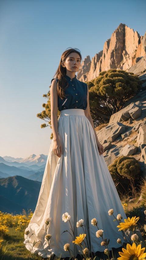  a girl,Mountain, nature, no one, outdoors, scenery, sky, sunset, sunshine, golden mountain, high-definition, 32k, flowing skirts,Giant flowers, huaqiang