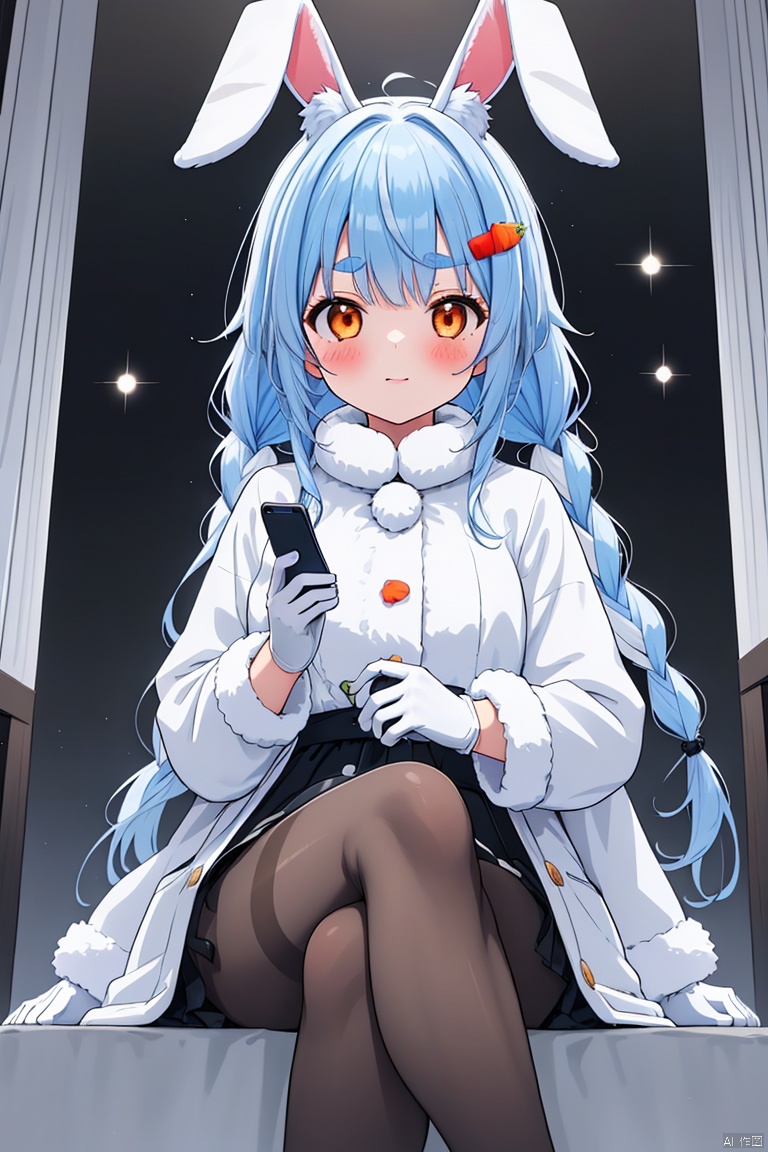 1girl, solo, long hair, breasts, looking at viewer, blush, bangs, hair ornament, gloves, holding, animal ears, twintails, sitting, blue hair, braid, white hair, pantyhose, multicolored hair, black gloves, virtual youtuber, rabbit ears, twin braids, two-tone hair, coat, orange eyes, animal ear fluff, black pantyhose, fur trim, phone, thick eyebrows, crossed legs, cellphone, smartphone, holding phone, crystal, rabbit girl, food-themed hair ornament, carrot, carrot hair ornament, usada pekora, don-chan \(usada pekora\)