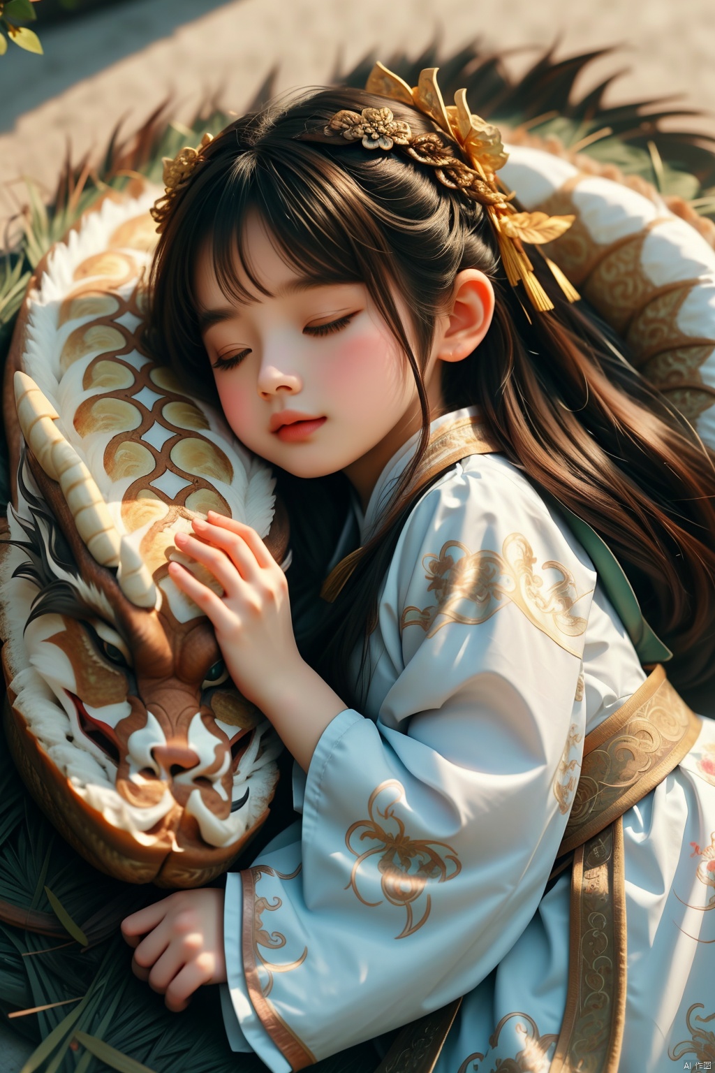  Girl, solo, brunette, hair accessories, long sleeves, eyes closed, lie down, high definition, lips, bread, toast, depth of field, animal, hanfu, print, sleeping, child, nose, dragon, oriental dragon, yue , hair ornament , hanfu, nahida