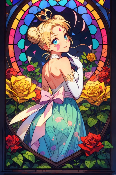   blue_flower,blue_rose,pink_rose,purple_rose,red_rose,rose,white_rose,tsukino_usagi,black_rose,double_bun,flower,1girl,crescent,yellow_rose,pink_flower,thorns,crescent_facial_mark,blonde_hair,black_flower,rose_petals,gloves,crescent_moon,bow,squiggle,spoken_squiggle,princess_serenity,white_gloves,purple_flower,green_flower,dress,elbow_gloves,facial_mark,solo,rose_print,back_bow,white_flower,earrings,twintails,blue_eyes,very_long_hair,venus_symbol,forehead_mark,red_flower,jewelry,moon,Rose window, Tacoma art glass