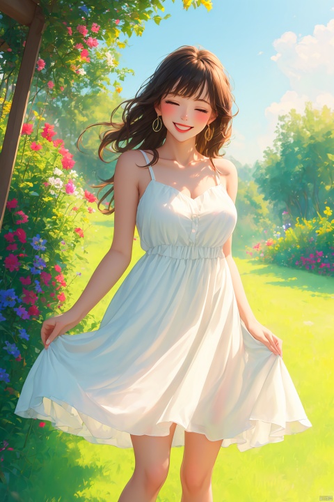 1girl, solo, long hair, breasts, blush, smile, open mouth, bangs, brown hair, dress, bare shoulders, jewelry, standing, collarbone, closed eyes, flower, :d, earrings, outdoors, sky, teeth, sleeveless, day, white dress, bare arms, floating hair, sleeveless dress, feet out of frame, ^ ^, sunlight, plant, wind, facing viewer, pink flower, blue flower, stairs, yellow flower, skirt hold, purple flower, sundress