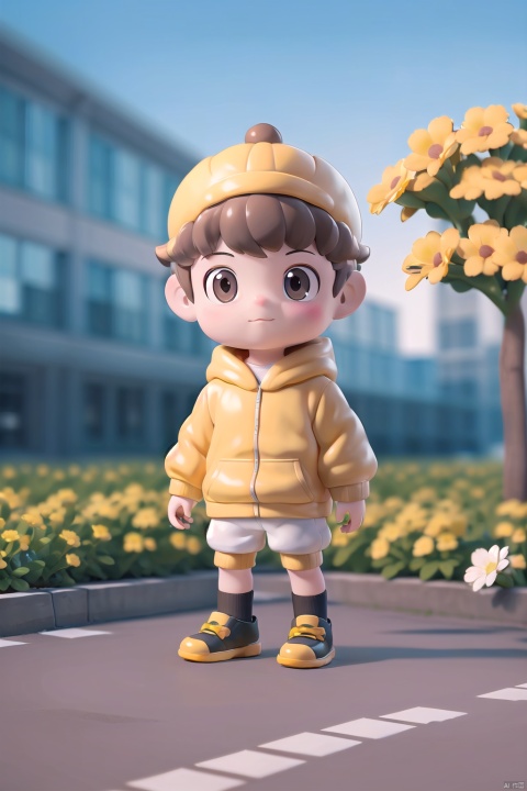  (yellower hat :1.5)1 boy, alone, looking at the audience, short hair, bangs, brown hair, black hair, long sleeves, 1 boy, hat, brown eyes, closed mouth, standing, full body, flowers, male focus, outdoor, shoes, shorts, day, socks, hood, black footwear, black hat, hoodie, black shorts, hood, plants, White socks, ground vehicles, buildings, sneakers, baseball caps, yellow flowers, hands in pockets, pull cords, potted plants, roads, wires, white hoodies, poles, tomboys, flower POTS, air conditioning, crosswalks, volume light, VR rendering