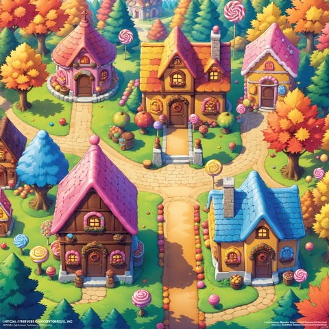 ((Masterpiece)), ((Best quality)), ((Official art,)), ((from top :1.4)), (House, Candy House :1.3), Chocolate, lollipops, candy, cookies, cakes, desserts, fairytale world, (Forest, woods, trees, grass :1.2), outdoor, daytime, (Color/candy color theme :1.2), Autumn, The harvest fruit