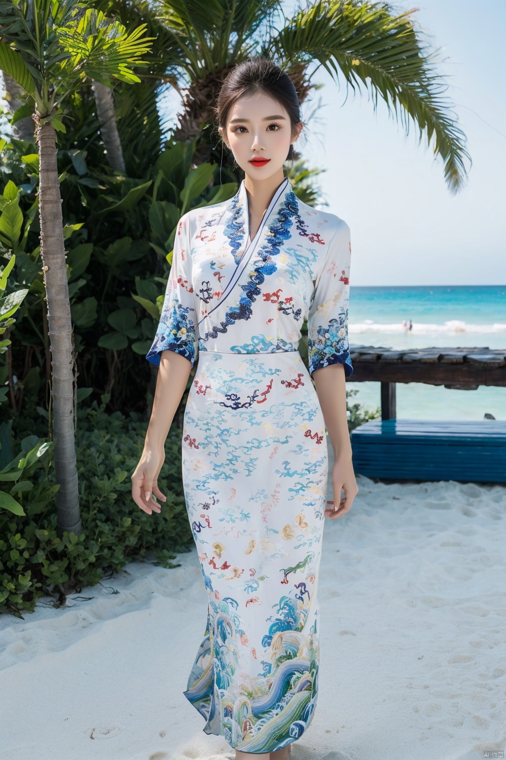  A beach vacation concept, with a model in a tropical resort setting, wearing a stylish swimsuit and a flowing beach cover-up. The backdrop includes palm trees, sandy beaches, and a clear blue sky, creating a sense of relaxation and luxury., china dress\(haihang\), greendesign, Ink painting, flowing skirts,Giant flowers,